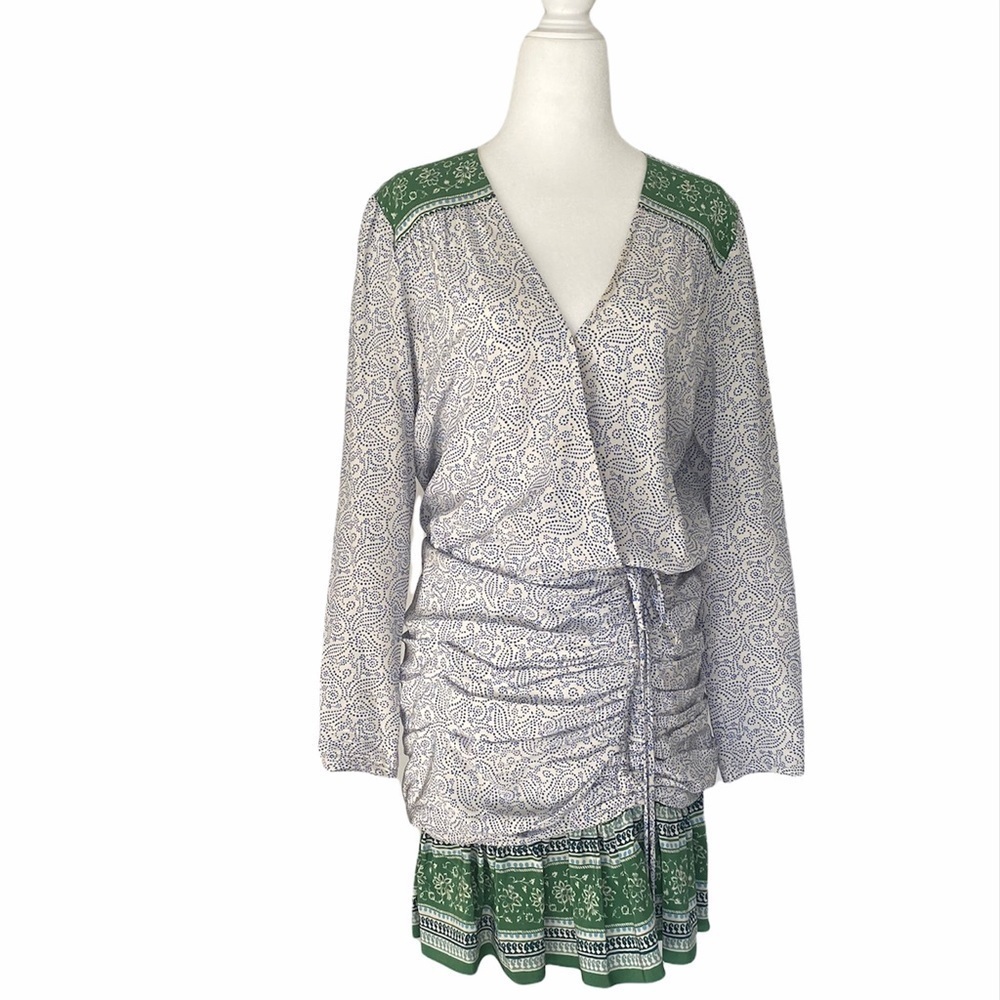 Veronica Beard- Blue and Green Paisley Printed cinched Long sleeve Mini Dress